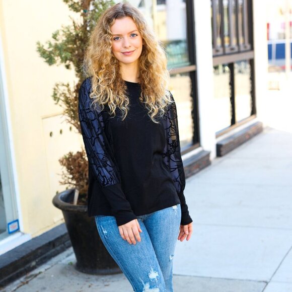 New Black Floral Mesh Bubble Sleeve Top - 1X, 2, & 3X - Picture 7 of 8